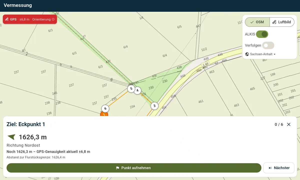 Geführte Vermessung im UHV-Viewer mit Ziel-Eckpunkt, Distanz, Richtung und sichtbarer GPS-Qualitätsanzeige